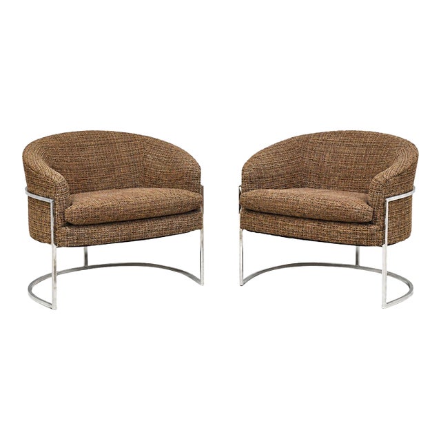 Milo Baughman Style Barrel Back Chrome Lounge Chairs - A Pair For Sale