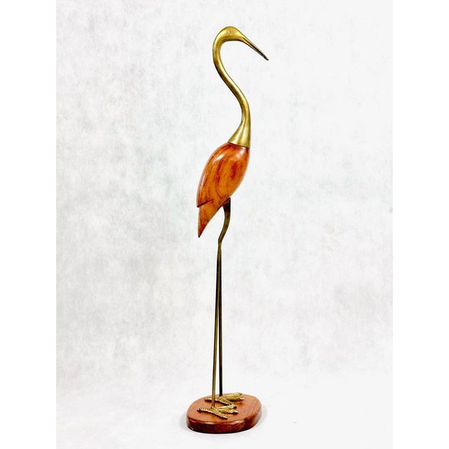 Mid-Century Modern Mid-Century Modern Tall Carved Teak and Brass Heron Figurine, 1960s For Sale - Image 3 of 14