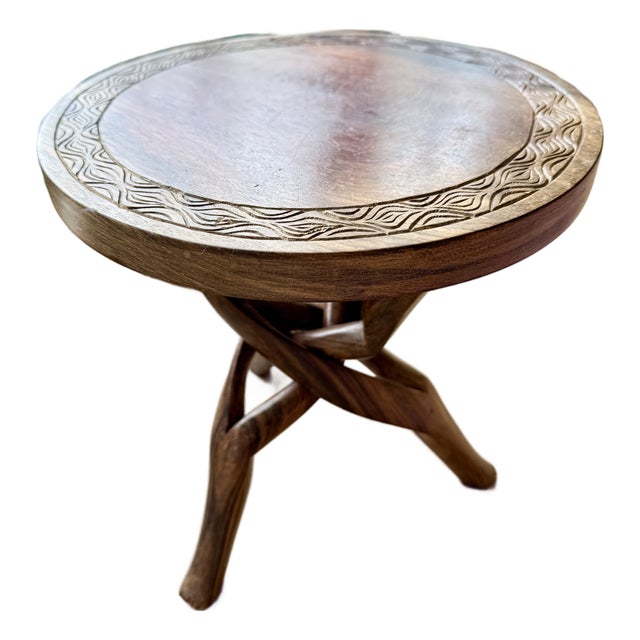 Hand-Carved African Sculptural Side Table With Twisted Wood Base For Sale