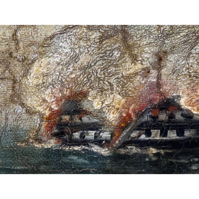 Victorian British Naval Marine Oil Painting HMS Bombay on Fire Off Montevideo 1864 After Beechey For Sale - Image 10 of 18
