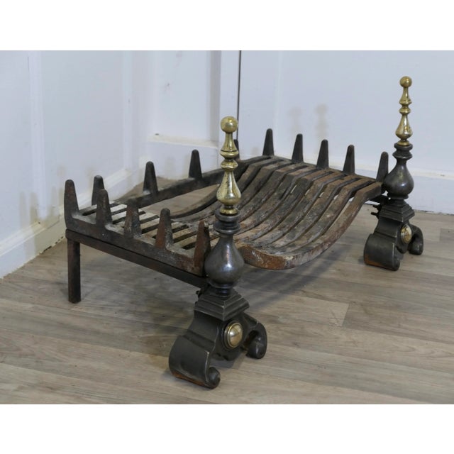 Large Polished Steel and Brass Log Grate on Andirons A Large Heavy Pair of Late 19th Century Iron Andirons Complete with...