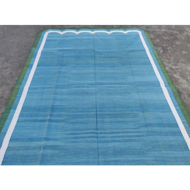 Textile Handmade Cotton Vegetable Dyed Scalloped Edge Rug Teal Blue With Cream and Forest Green Border - 8x10 For Sale - Image 7 of 11