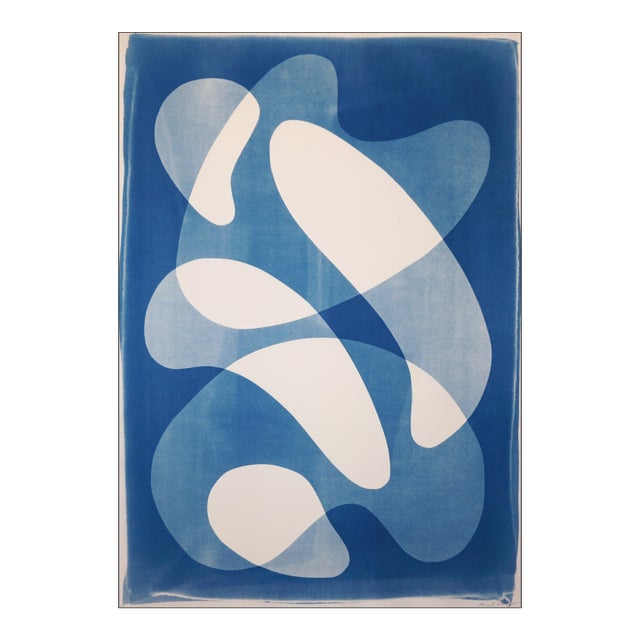 2028, Mid- Century Modern Abstract Shapes, Blue and White Floating Forms, the Splash, Handmade Monotype Cyanotype For Sale