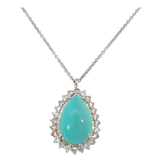 Persian Turquoise Diamond Pendant With Chain 17" 14k WG 9.9 TCW Certified For Sale