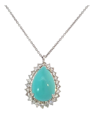 Persian Turquoise Diamond Pendant With Chain 17" 14k WG 9.9 TCW Certified
