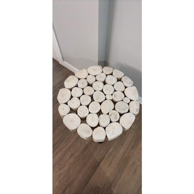 Contemporary Round Wood Log Slice Coffee Table, Light Wood Top, Black Metal Hairpin Legs For Sale - Image 3 of 4