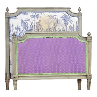 Vintage Twin Size French Louis XVI Style Upholstered Bed For Sale