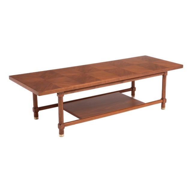 Walnut Mid Century Checkerboard Coffee Table Brass Cap Feet After Carl Axel Acking For Sale