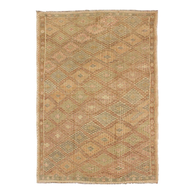 Embroidered Flatweave Kilim Rug From Turkey in Repeating Diamond Design For Sale