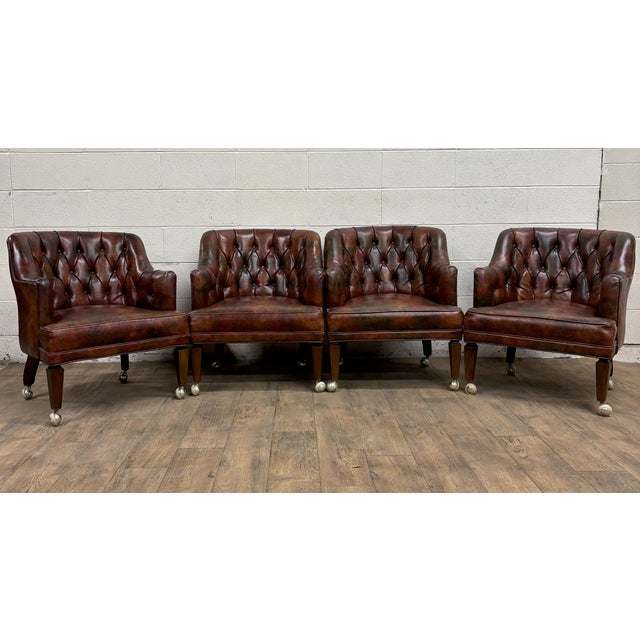 Vintage Faux Leather Tufted Chesterfield Rolling Club Arm Chairs For Sale - Image 10 of 11