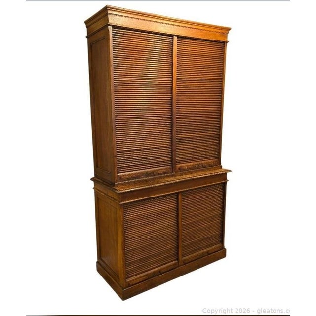 Campaign English Regency / Campaign Style Tambour Door Bookcase Cabinet in Oak, C. 1890–1920 For Sale - Image 3 of 4