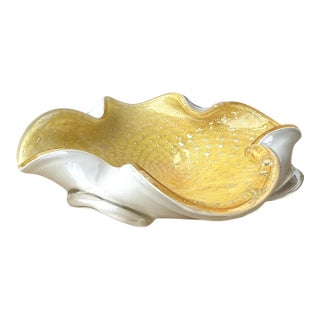 Vintage Murano Art Glass Bowl Aventurine— White & Gold Fleck Centerpiece For Sale