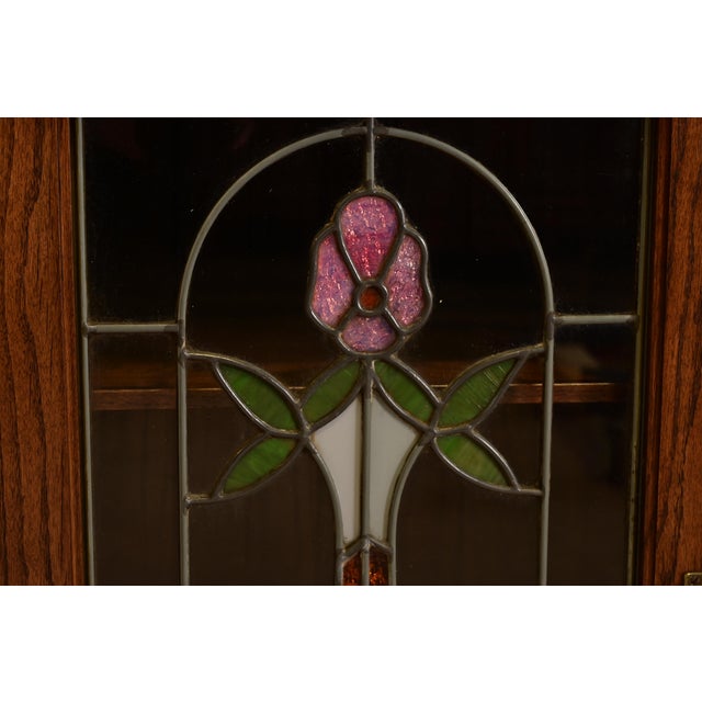 Antique Arts & Crafts Carved Oak Sideboard or Bar Cabinet With Stained Glass Doors, Newly Refinished For Sale - Image 9 of 15