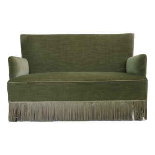 Vintage Danish Two-Seater Sofa in Green Furniture Velour and Beech Wood Legs, 1970s For Sale