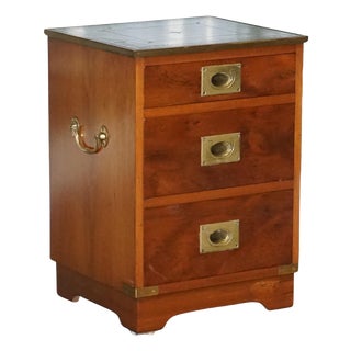 Military Campaign Yew Wood Bedside Table with Green Leather Top For Sale
