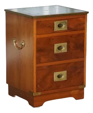 Military Campaign Yew Wood Bedside Table with Green Leather Top