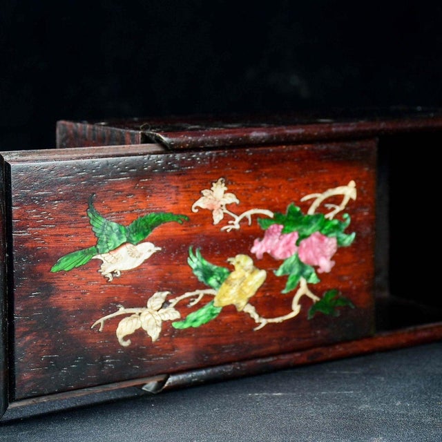 1980s Rosewood & Mother-of-Pearl Inlay Jewelry Box – Floral & Bird Motif For Sale - Image 9 of 9
