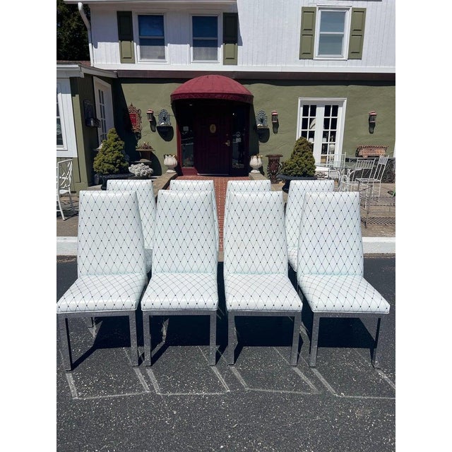Set of 6 Custom White Leather and Chrome Parsons Dining Chairs attributed to Design Institute of America Milo Baughman ....