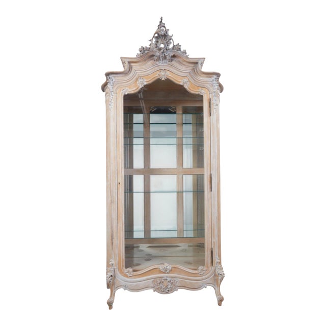 Antique Louis XV Style Limed Oak Vitrine Showcase Display Cabinet For Sale
