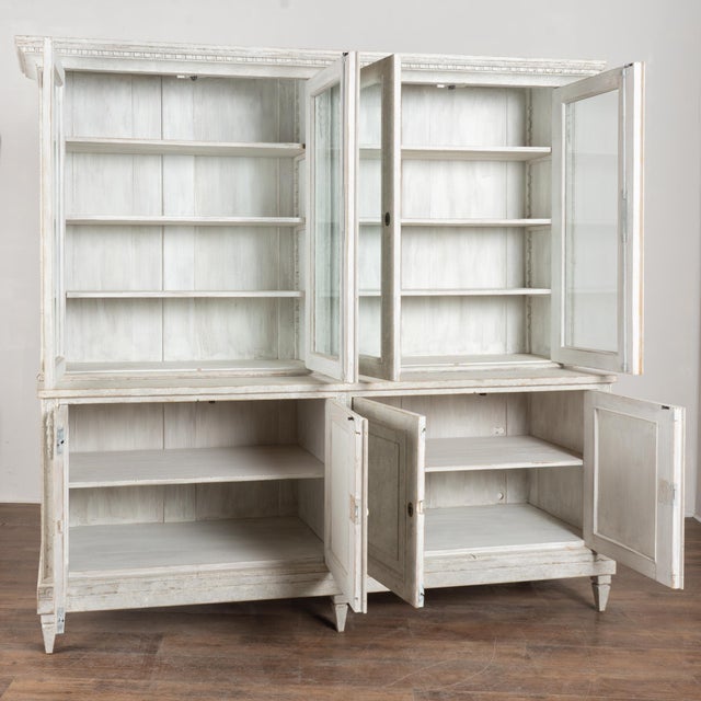 Elegant and stately Swedish Gustavian style pine display cabinet or bookcase in two sections standing just under 7' tall....
