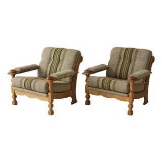 Danish Mid Century Oak Easy Chairs With Wool Cushions, a Pair, 1970's For Sale
