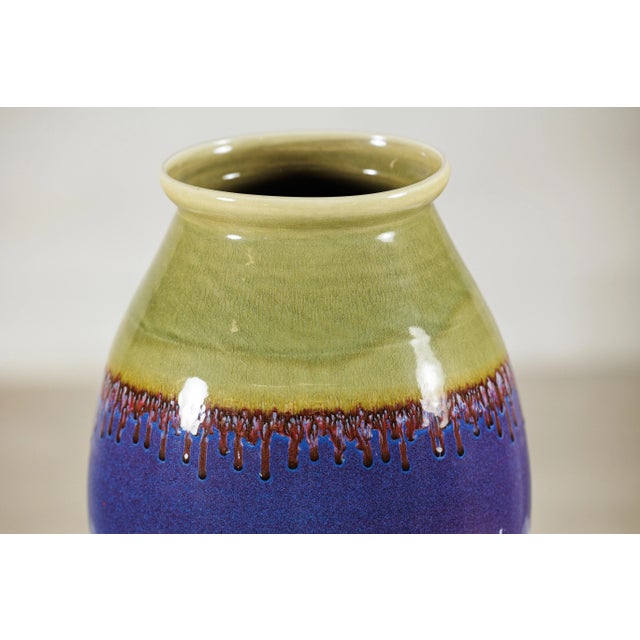 Purple Artisan Purple and Olive Green Glazed Ceramic Ovoid Vase with Drip Detail For Sale - Image 8 of 12
