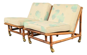 John Wisner for Ficks Reed Mid-Century Hollywood Regency Bamboo Rattan Lounge Chairs, Pair