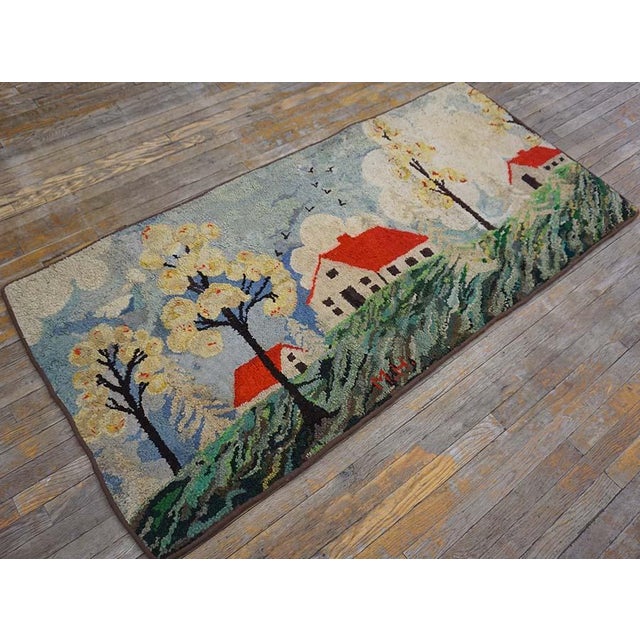 Charming and Sweet Folk Art Farm and Cabin Design Antique American Hooked Rug For Sale - Image 11 of 11