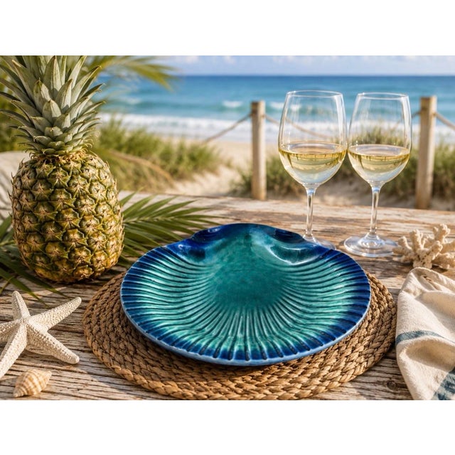 Ceramic Vintage Portuguese Majolica Olfaire Blue & Green Clamshell Serving Bowl & Dish Signed and Embossed Mold Number - Set of 4 For Sale - Image 7 of 10