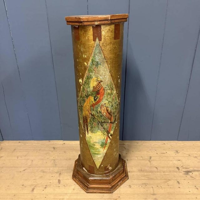 Large Antique Painted Earthenware Column with Golden Pheasants For Sale - Image 4 of 18