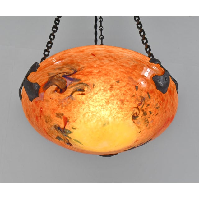 Small French Art Deco Pendant Light by Le Verre Francais Schneider - 1925 Chandelier France For Sale - Image 6 of 14