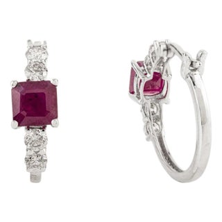 18k White Gold 1.9Ct Red Ruby & Diamond Huggie Earrings for Women- 2 Pieces For Sale