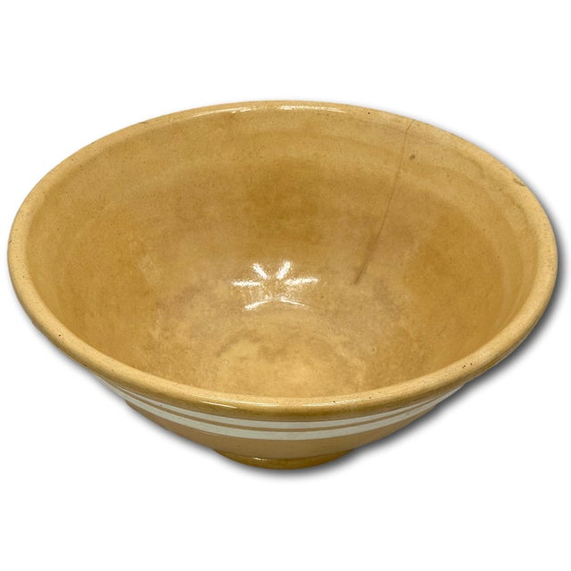 English Antique Large Thick & Heavy 15 Inch Size Double Cream Banded Yellow Ware Kitchen Mixing Bowl Circa Mid 1800s For Sale - Image 3 of 18