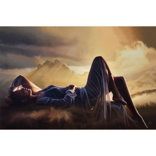 Light After Dark by Austin Howlett | Oil on Artefex panel Woman reclining in a landscape with mountains. For Sale