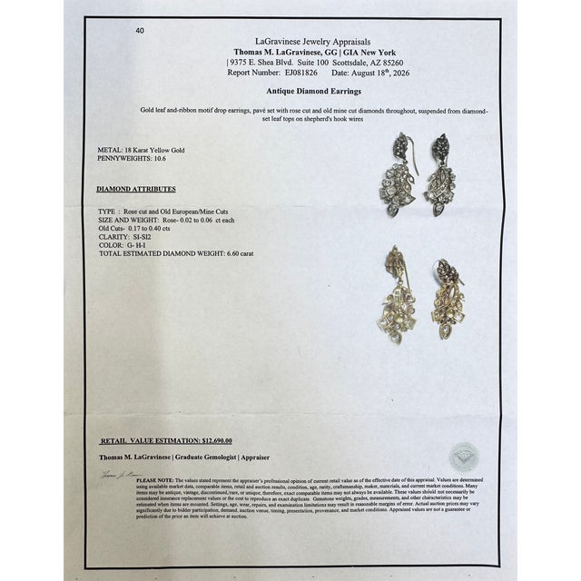 Early Victorian 18k Gold Diamond Earrings With Leaf and Ribbon Motif With 6 Carats For Sale - Image 13 of 13