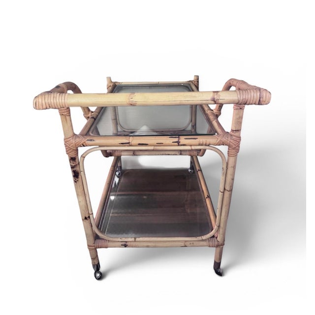 Coastal Mid Century Modern Bamboo Rattan Bar Cart For Sale In Saint Louis - Image 6 of 11