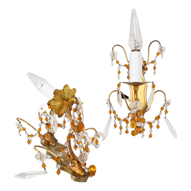 French Wall Sconces in Brass and Amber Crystals, 1960s, Set of 2 For Sale