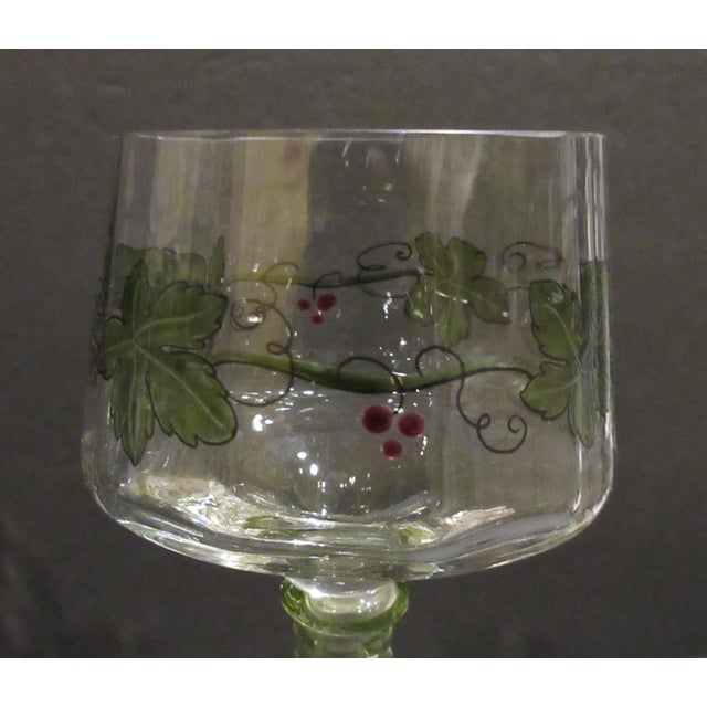 Antique Theresienthal Set of 6 Hand Enameled Roemer / Hock Wine Glasses With Uranium Glass Stems - Hans Christiansen 1900s For Sale - Image 4 of 8