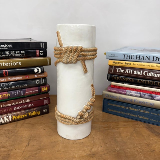 Early 20th Century White Black Cylindrical Ceramic Vase with Rope Design For Sale - Image 11 of 11