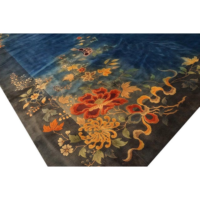 Textile 1930s Royal Blue Solid Floral Modernist Antique Chinese Art Deco Gallery Rug For Sale - Image 7 of 12