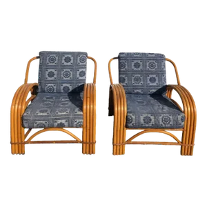 Pair of Four Strand Bent Bamboo/Rattan Lounge Chairs 1950s