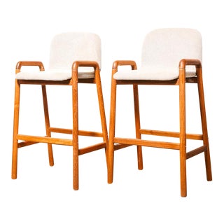 Upholstered Teak Bar Stools - a pair For Sale