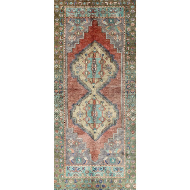 Mid 20th Century Mid 20th Century Green and Orange Turkish Oushak Rug Vintage Dual Diamond Medallions For Sale - Image 5 of 8