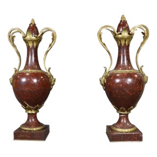 19th C Pair Palace Sized Rouge Marble and Bronze Mounted Cassolettes Urns For Sale