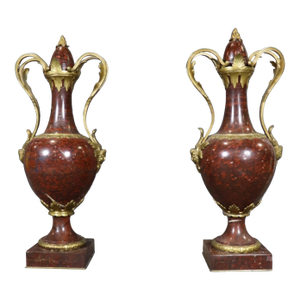 19th C Pair Palace Sized Rouge Marble and Bronze Mounted Cassolettes Urns