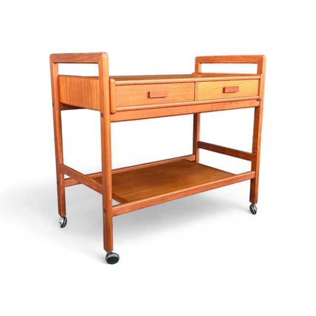 Mid-Century Modern 1960s Danish Modern Teak Bar Cart – Restored Two-Tier Design With Drawers and Casters For Sale - Image 3 of 18