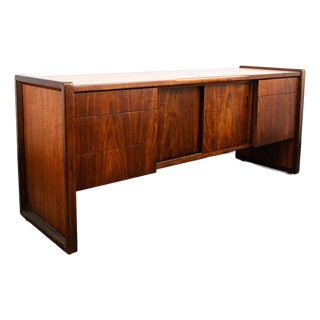 Mid Century Modern Credenza Oak Walnut 5 Drawer Wood Oak File Doors Vintage For Sale