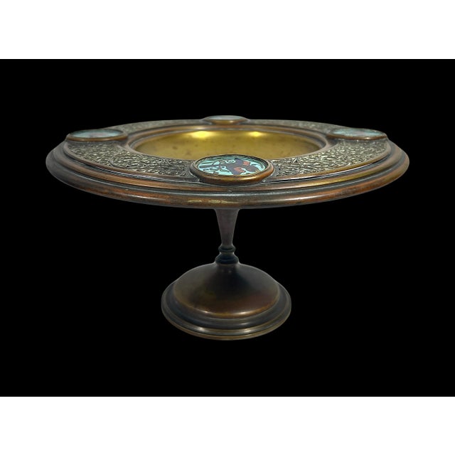 Antique Persian Reticulated Brass & Enamel Turquoise Cloisonné Tazza / Centre Bowl / Sweet Stand With Blue Birds For Sale - Image 10 of 11