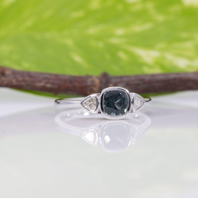 Metal Blue Spinel Ring With Earth-Mined Diamond Accents in Solid 14k Gold, Cushion 5mm, Size 6.75 For Sale - Image 7 of 9