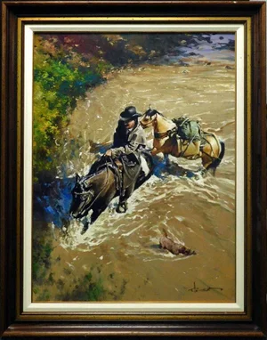 Robert Hagan "Swamped" Original Oil Painting of Horses in River Realistic Custom Framed